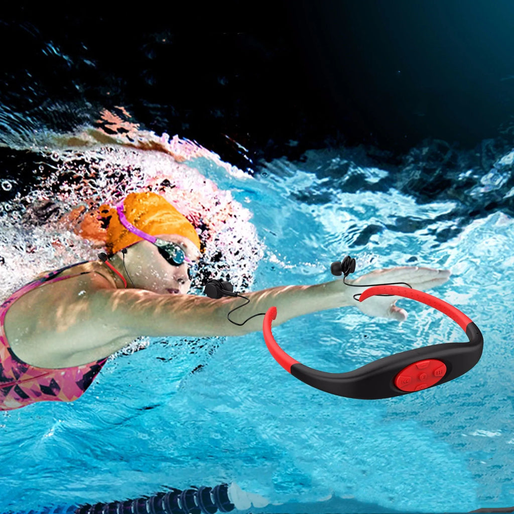2 in 1 Bluetooth earphone and 8GB MP3 player, IPX8 waterproof neckband sport headset with mic, in Black.