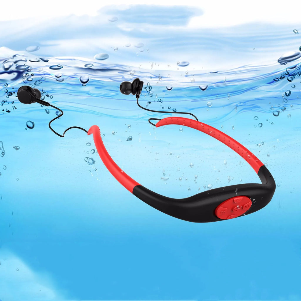 2 in 1 Bluetooth earphone and 8GB MP3 player, IPX8 waterproof neckband sport headset with mic, in Black.