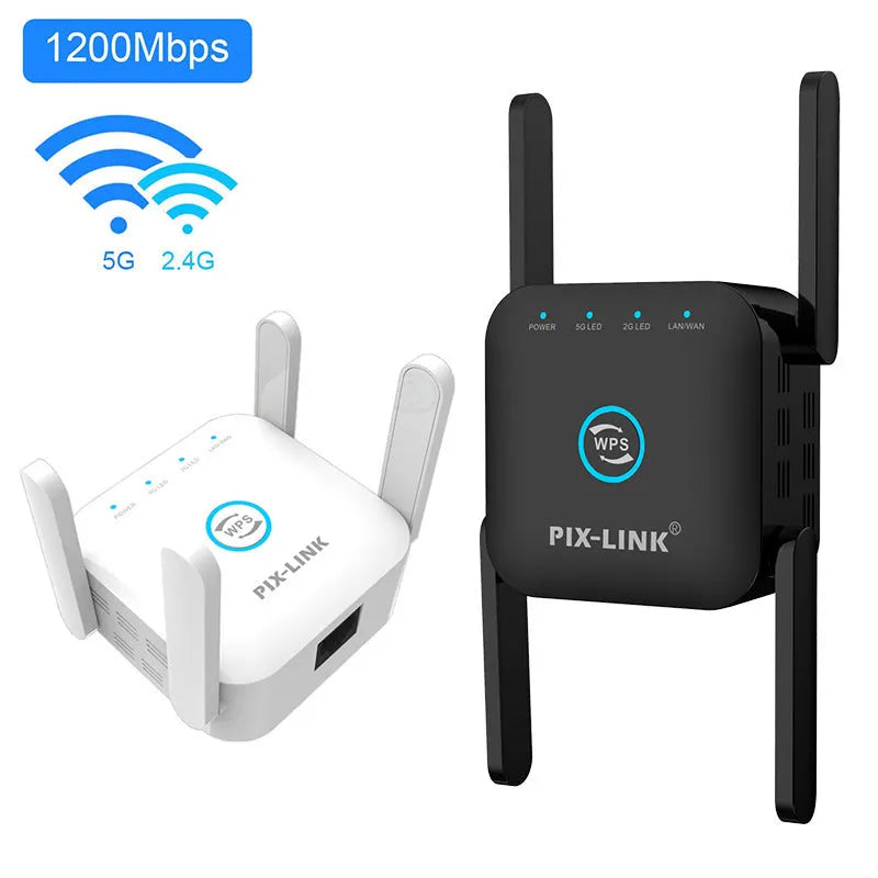 PIXLINK AC24 dual-band wireless router in black or white, showing ports and international power plug options.