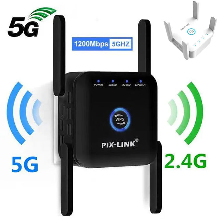 PIXLINK AC24 dual-band wireless router in black or white, showing ports and international power plug options.