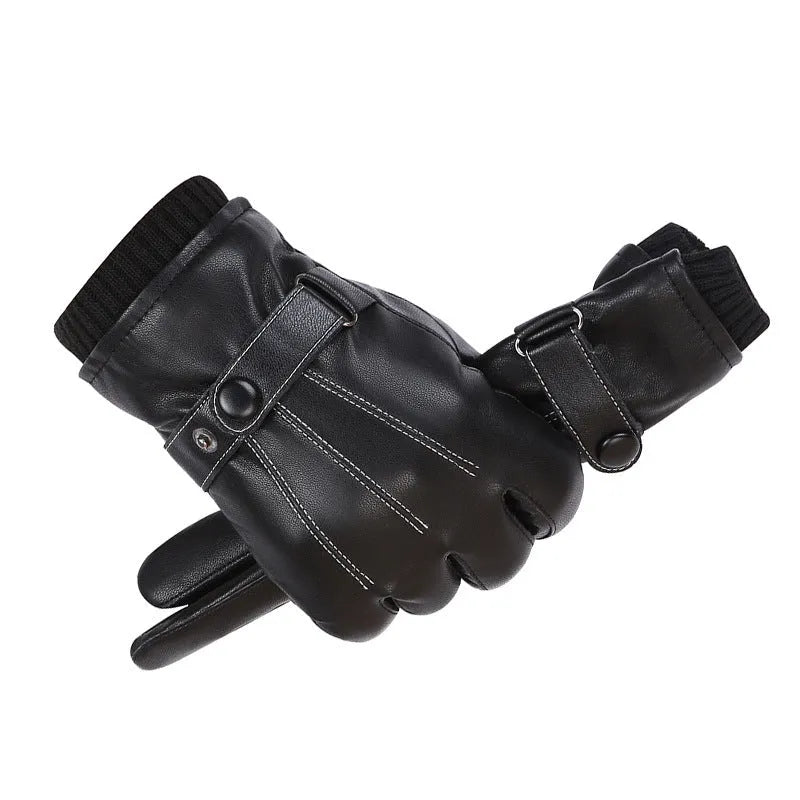 Men's PU leather touch screen gloves, autumn winter split finger style, black or white three-line design