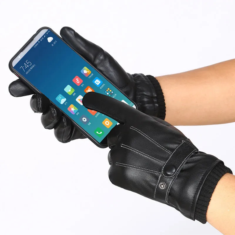 Men's PU leather touch screen gloves, autumn winter split finger style, black or white three-line design