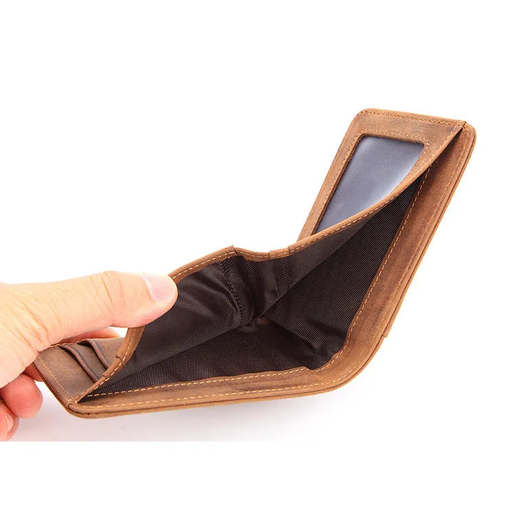 Men's brown RFID leather wallet showing card slots and compact 11cm design