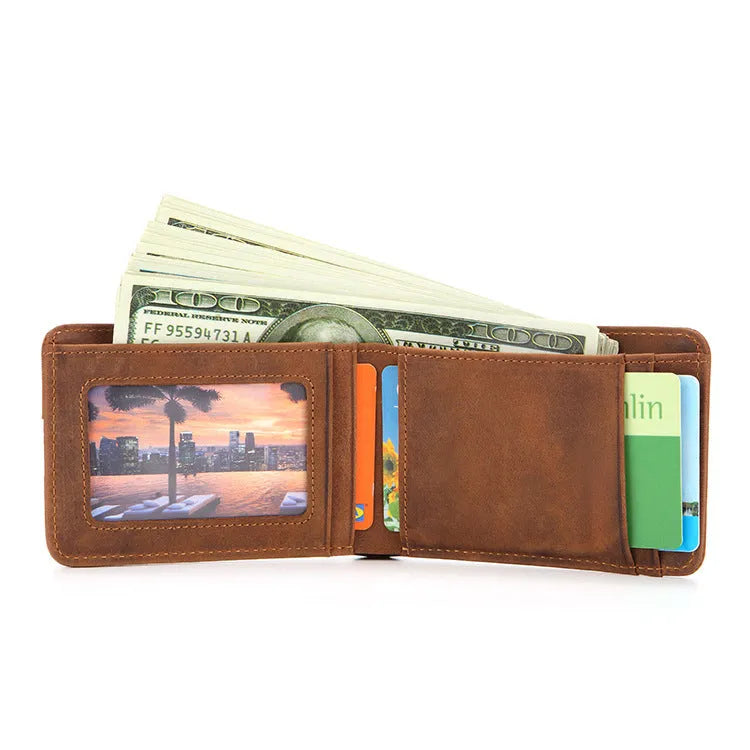 Men's brown RFID leather wallet showing card slots and compact 11cm design
