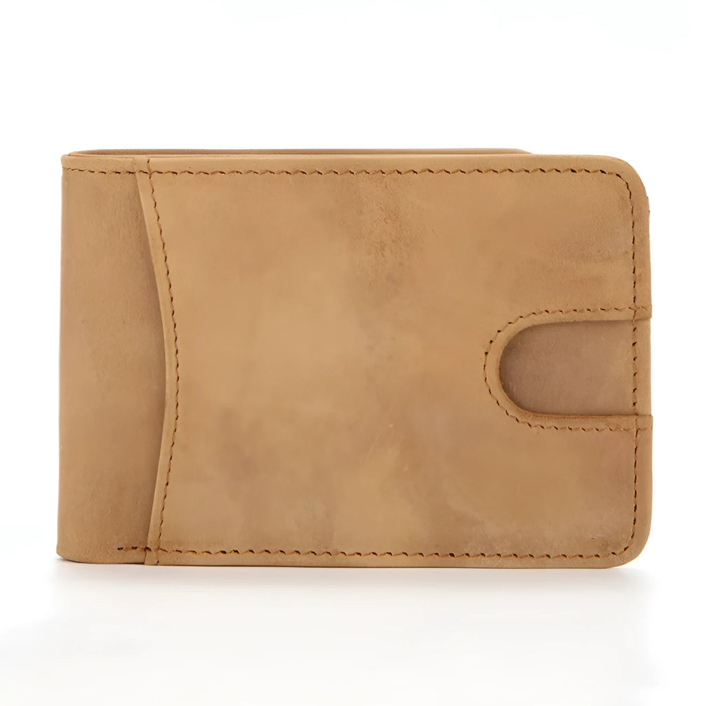 Men's brown RFID leather wallet showing card slots and compact 11cm design