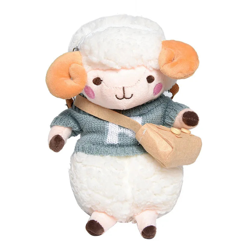 Little Sheep plush crossbody bag in blue or khaki with lamb pattern and zip pocket