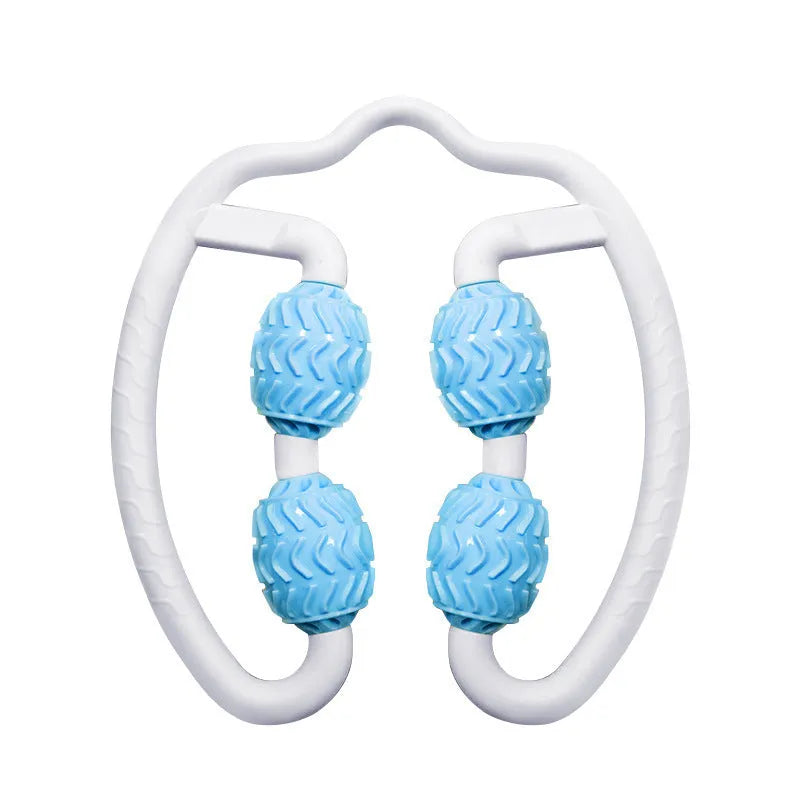 Purple and pink silicone annular leg massage rollers for calf and thigh muscle relief.