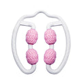 Purple and pink silicone annular leg massage rollers for calf and thigh muscle relief.