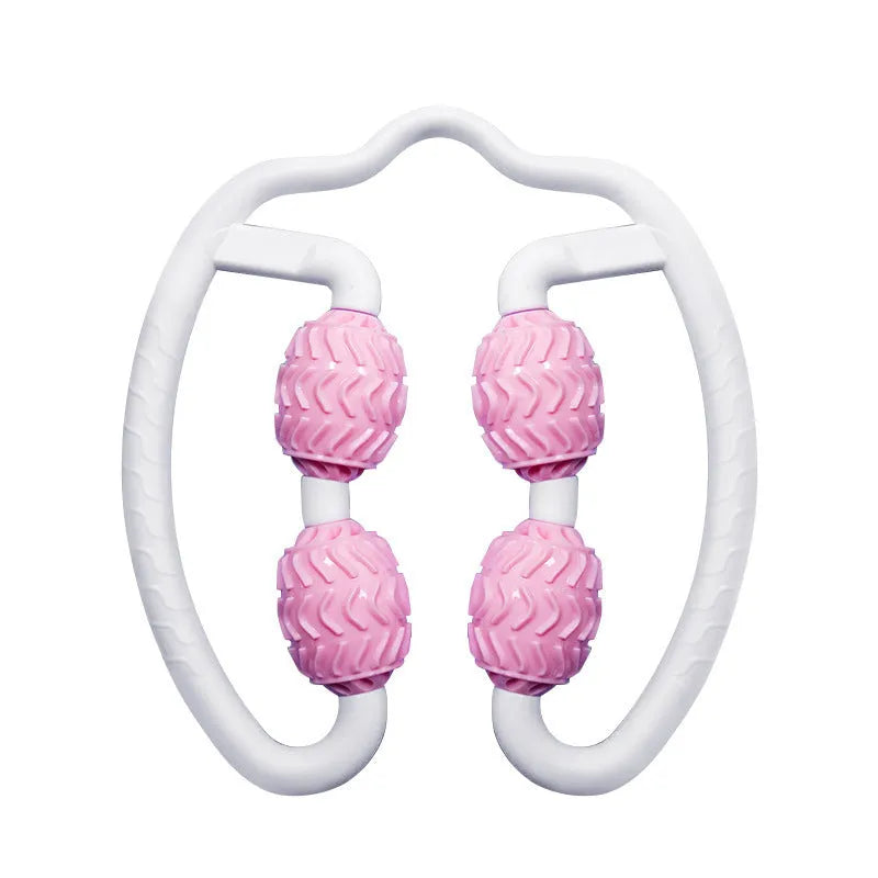Purple and pink silicone annular leg massage rollers for calf and thigh muscle relief.