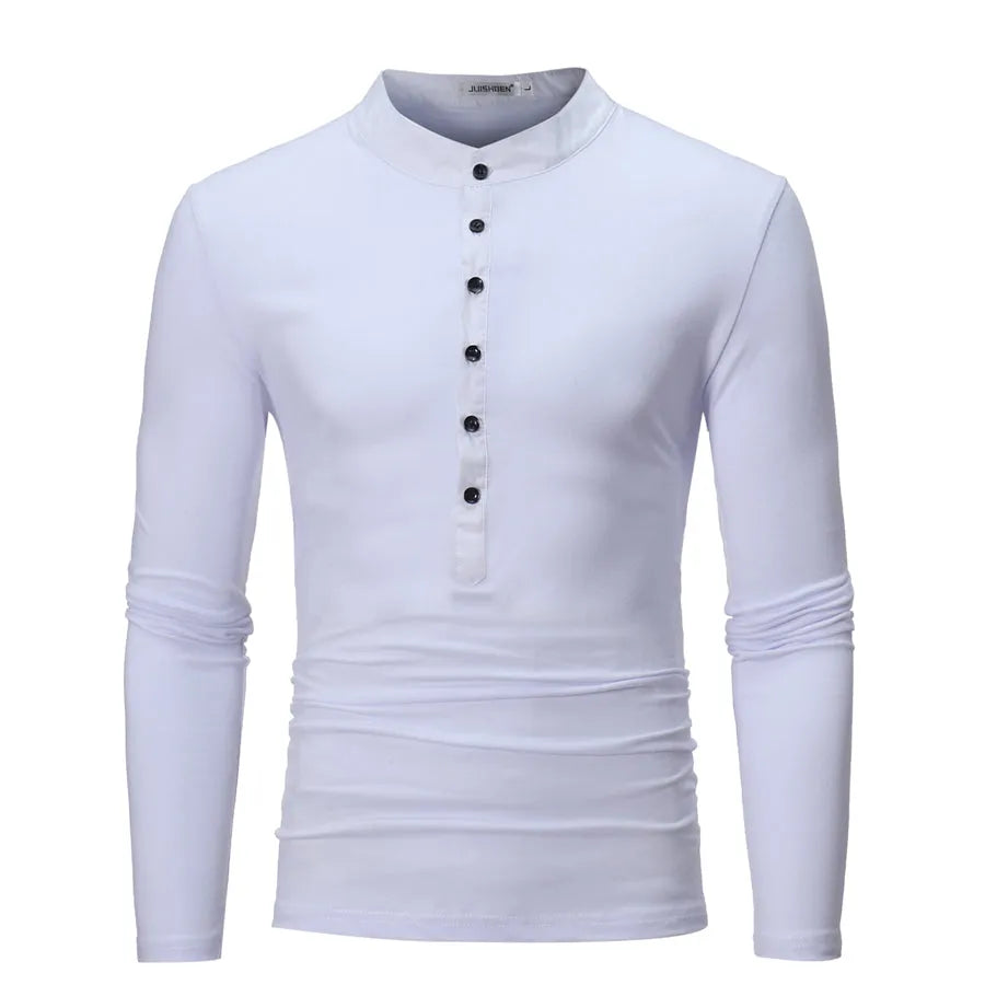 Slim-fit long-sleeve casual T-shirt for young men in solid colour, no collar