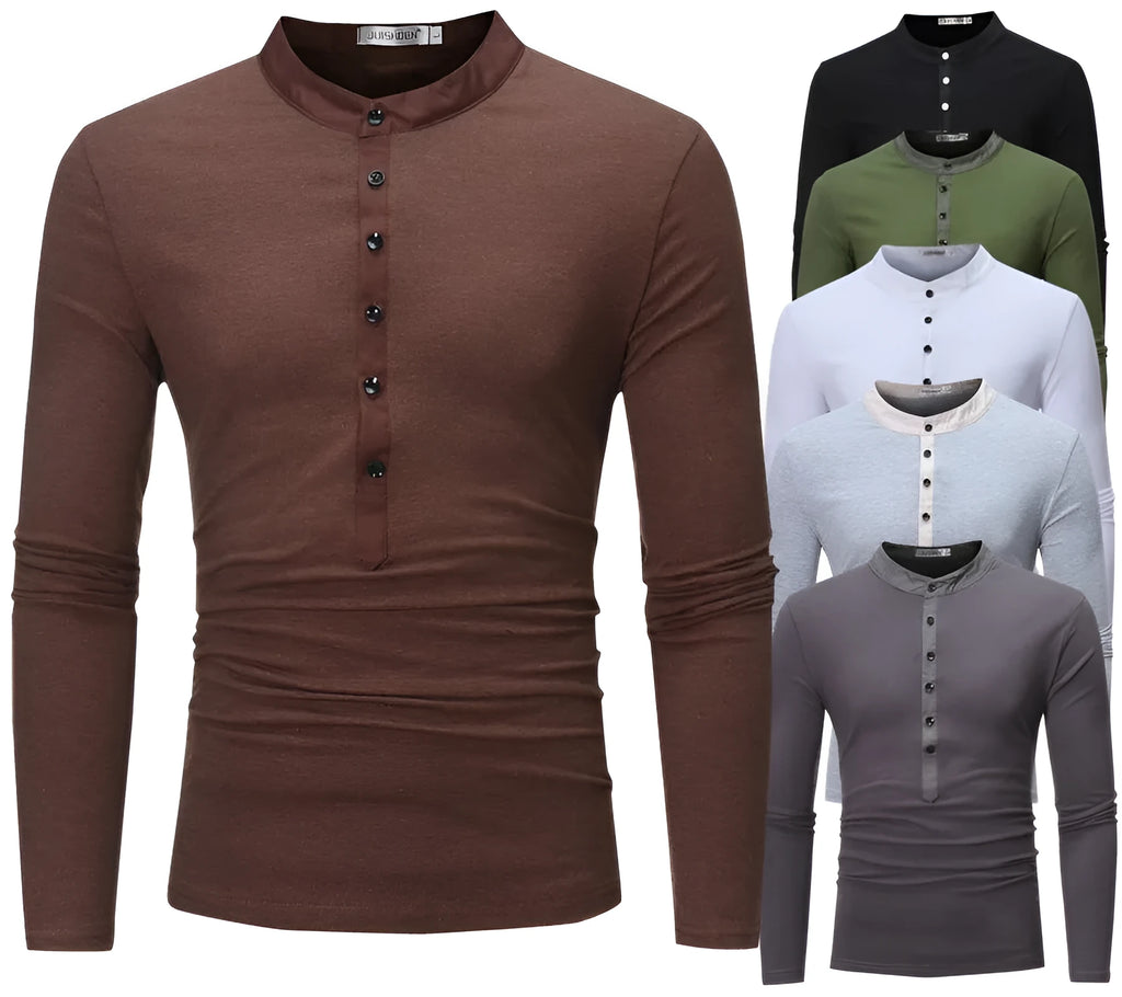Slim-fit long-sleeve casual T-shirt for young men in solid colour, no collar