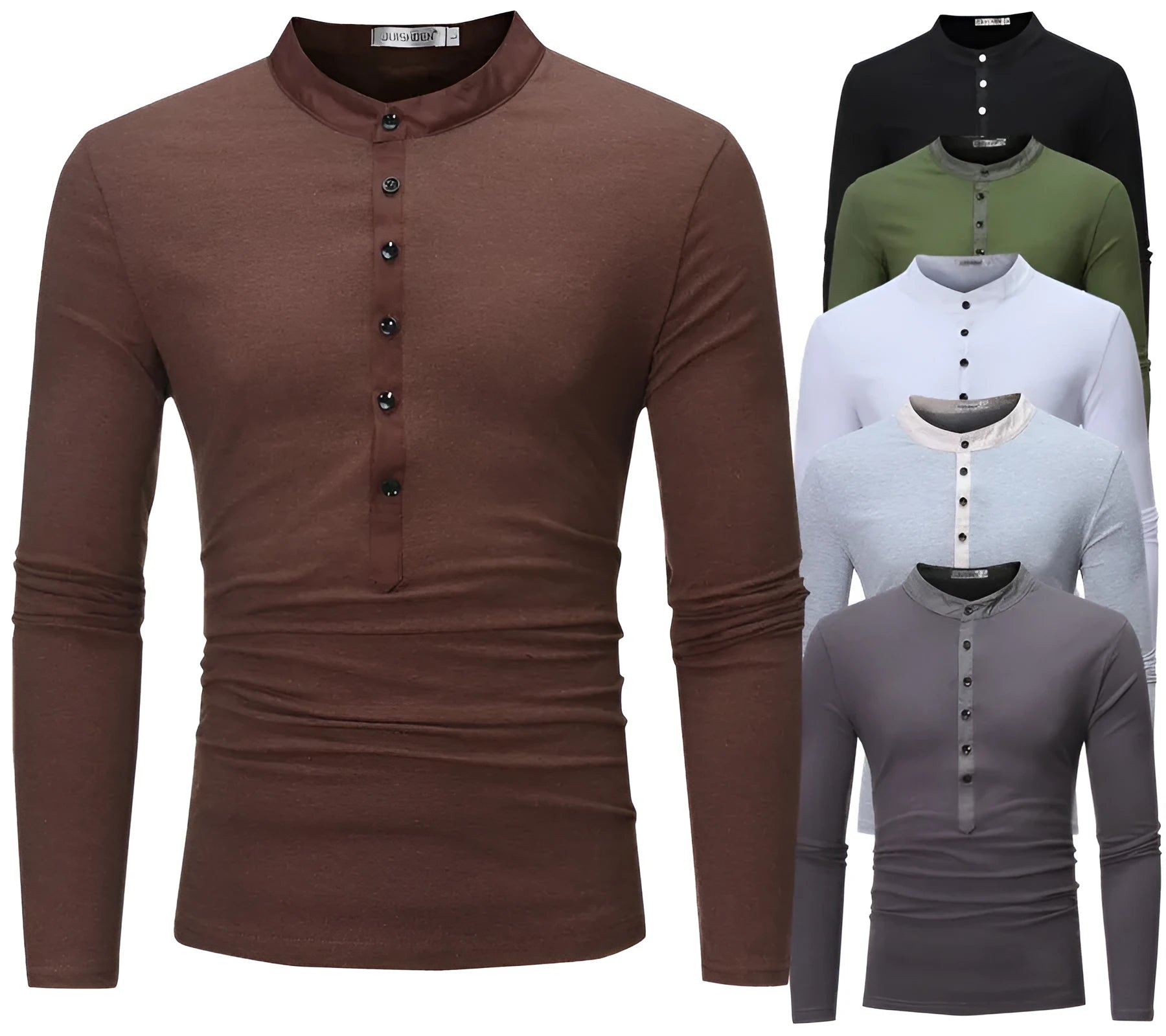 Slim-fit long-sleeve casual T-shirt for young men in solid colour, no collar