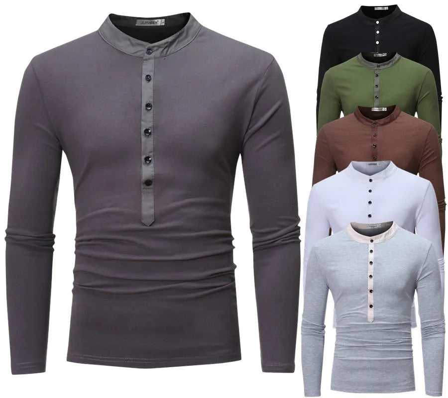 Slim-fit long-sleeve casual T-shirt for young men in solid colour, no collar