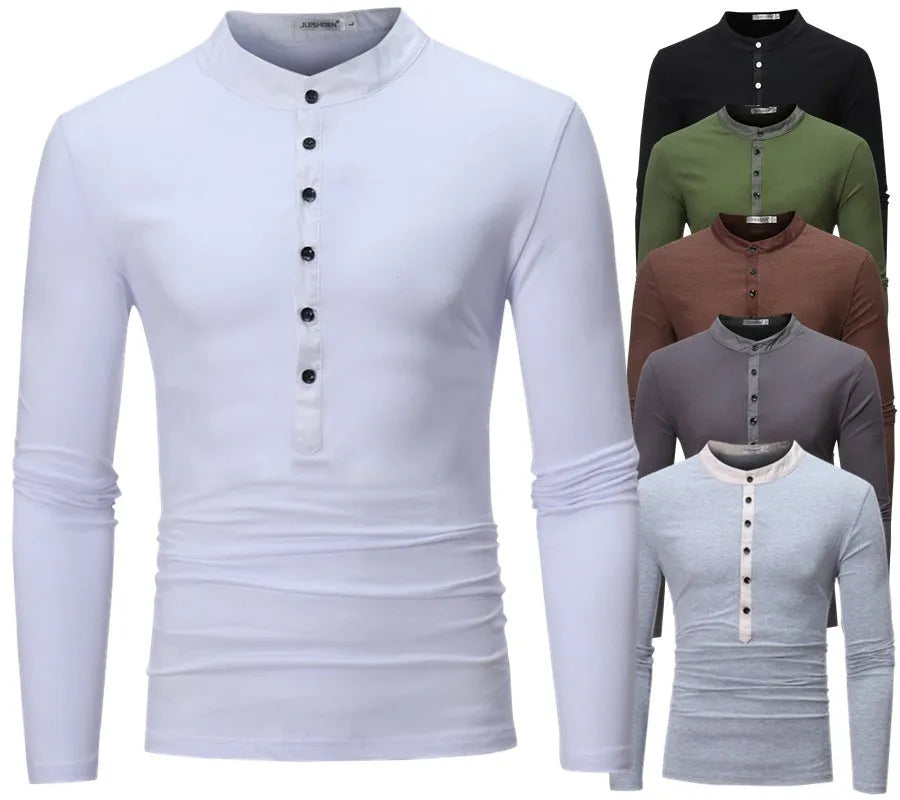 Slim-fit long-sleeve casual T-shirt for young men in solid colour, no collar