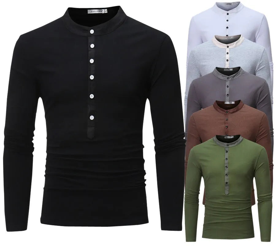 Slim-fit long-sleeve casual T-shirt for young men in solid colour, no collar