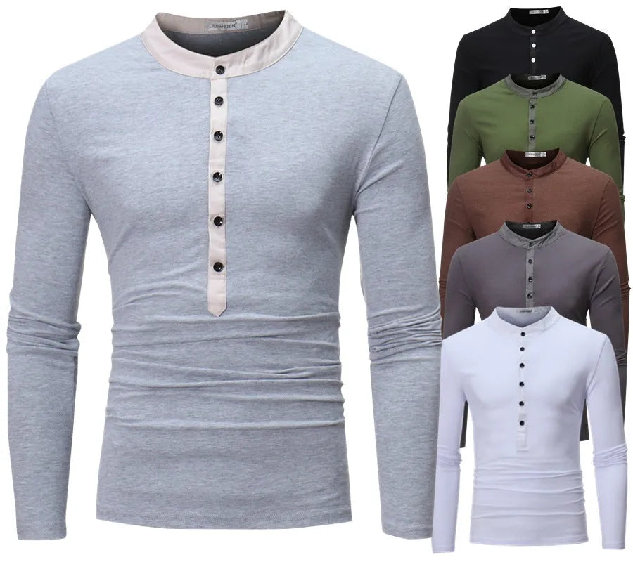 Slim-fit long-sleeve casual T-shirt for young men in solid colour, no collar