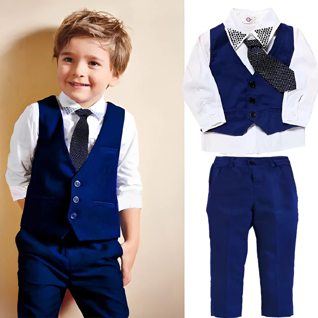 Blue boys' suit set with turtleneck, waistcoat, tie, and trousers on a hanger.