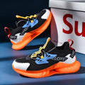 Men's luminous running shoes with flying weave upper and TPU popcorn sole, shown in black orange colourway