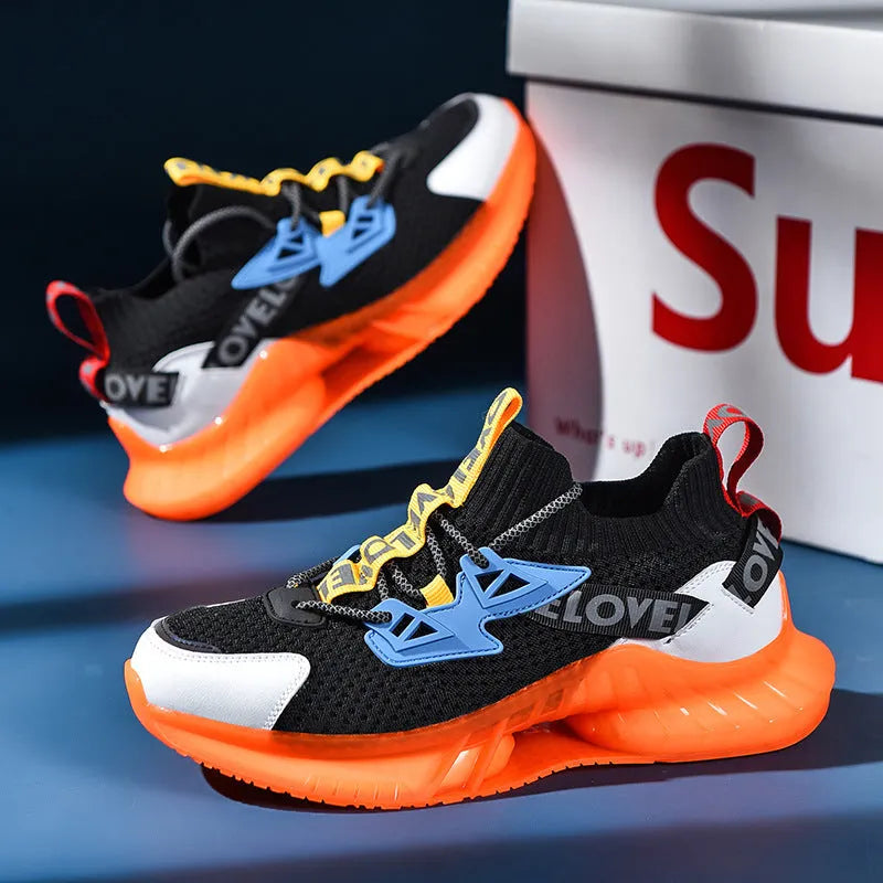Men's luminous running shoes with flying weave upper and TPU popcorn sole, shown in black orange colourway