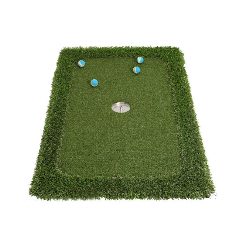 Green synthetic grass golf training mat on a high-elastic EVA base shown in a customisable size.