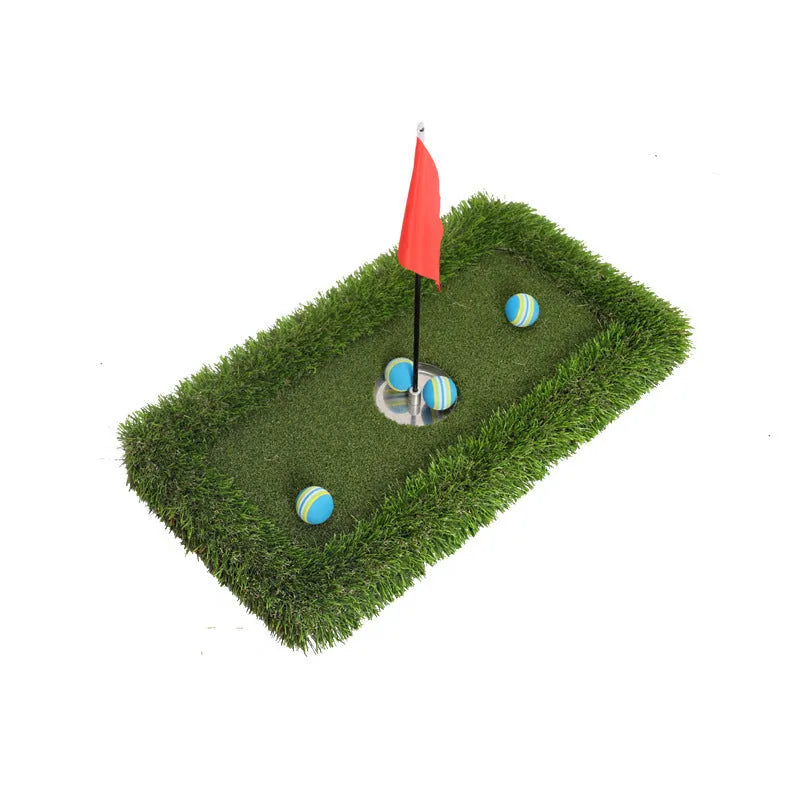 Green synthetic grass golf training mat on a high-elastic EVA base shown in a customisable size.