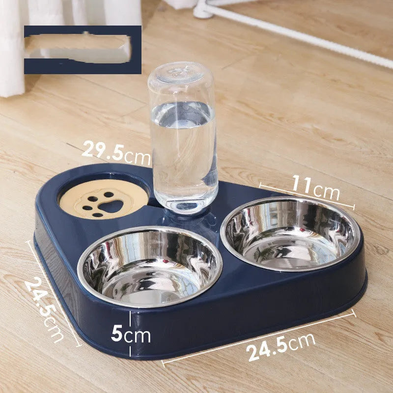 HOOPET automatic water refilling triple dog bowl set with stainless steel insert in dark blue large size