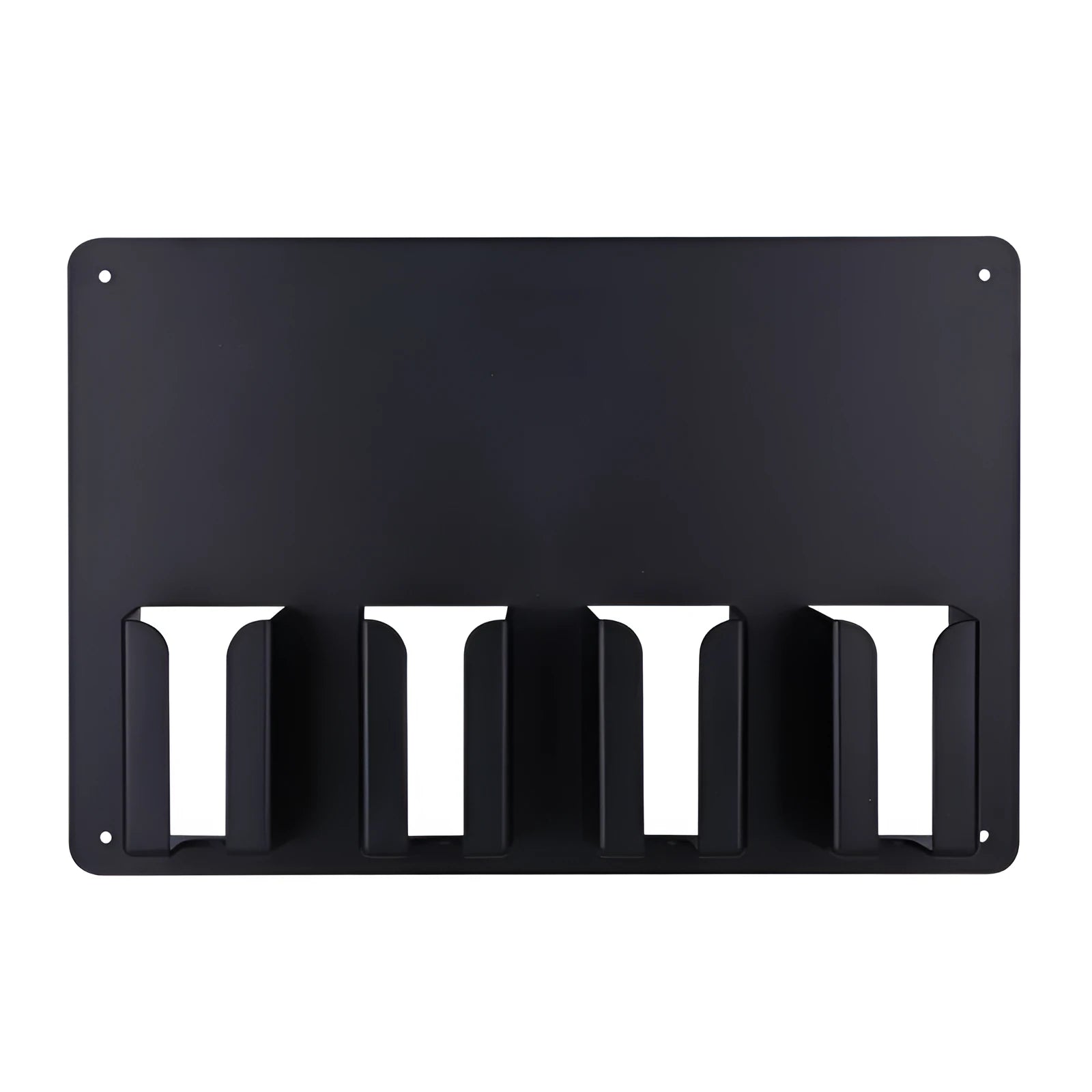 Black plastic wall-mounted frame holding four hair clippers and a hair dryer for salon storage.