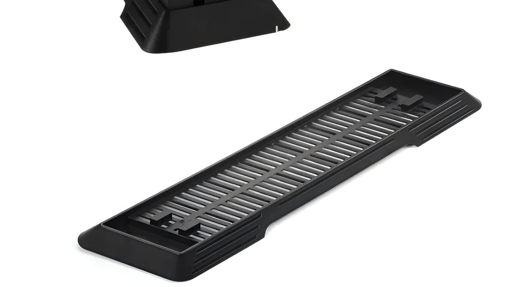 Black PS4 Pro bracket for horizontal console support, 37cm by 9cm by 2.5cm in size