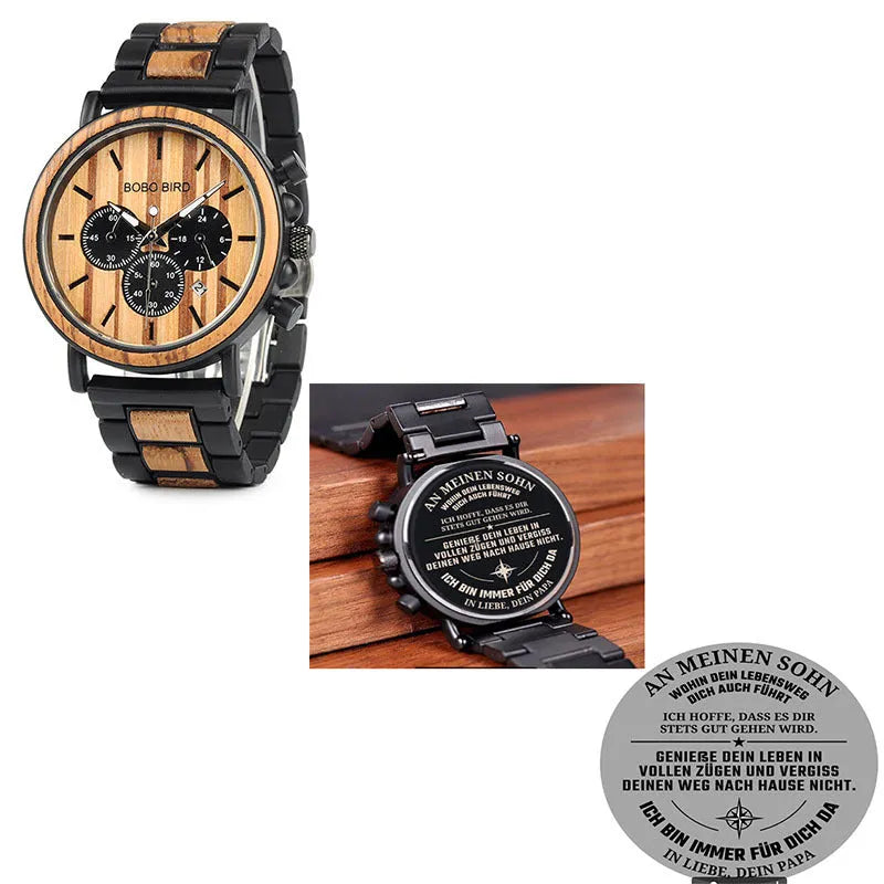 BOBO BIRD Q09 wooden men's watch with 44mm natural wood case and Hardlex mirror, casual military chronograph style.
