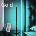 Nordic minimalist black or gold LED table lamp with RGB colour touch remote control on a bedside table.