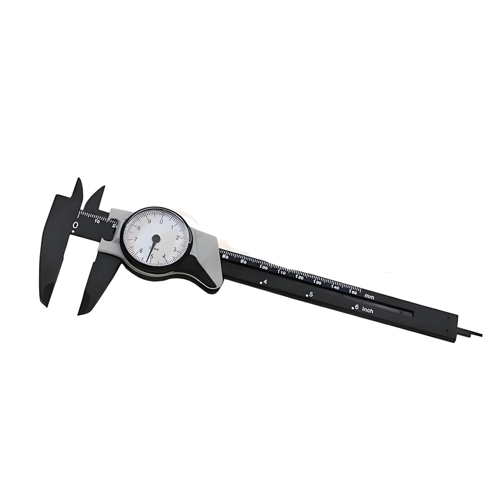 Black and white plastic vernier caliper showing 0-150 mm measurement scale with 0.1 mm resolution