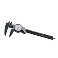 Black and white plastic vernier caliper showing 0-150 mm measurement scale with 0.1 mm resolution