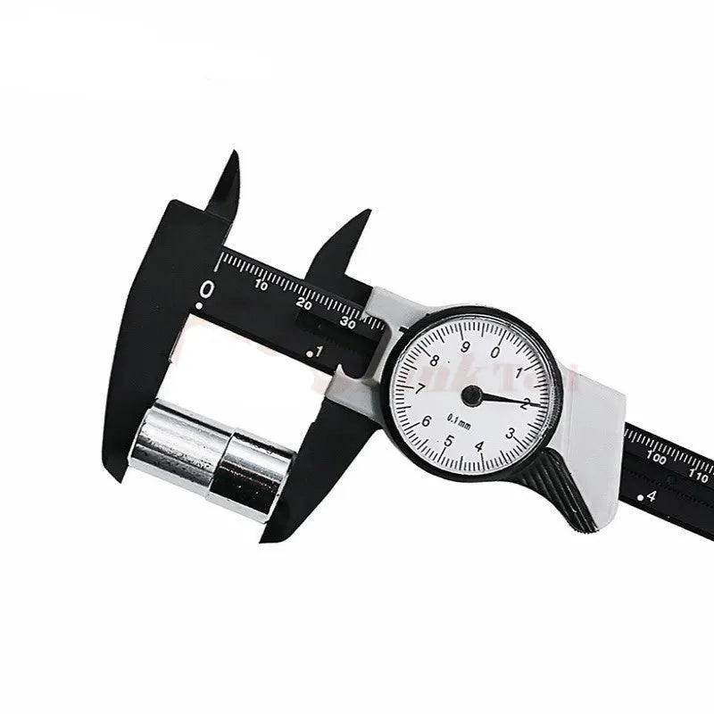 Plastic vernier caliper measuring tool with 0-150mm capacity and stainless steel components