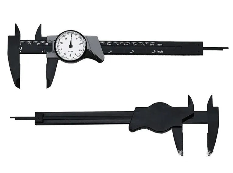 Plastic vernier caliper measuring tool with 0-150mm capacity and stainless steel components