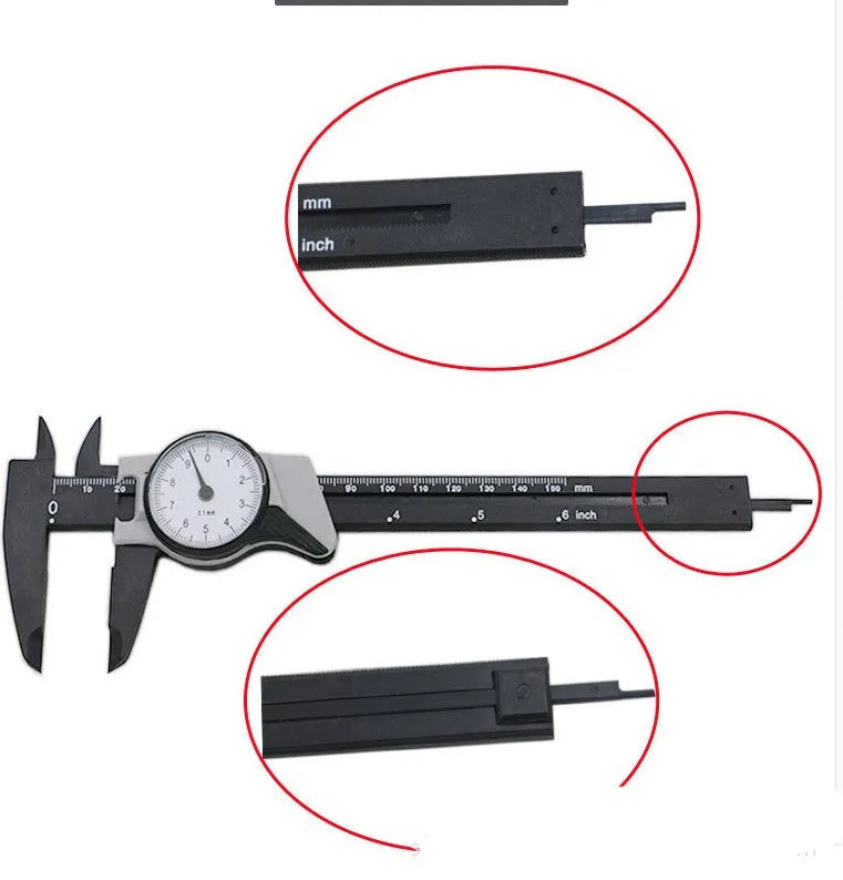 Plastic vernier caliper measuring tool with 0-150mm capacity and stainless steel components