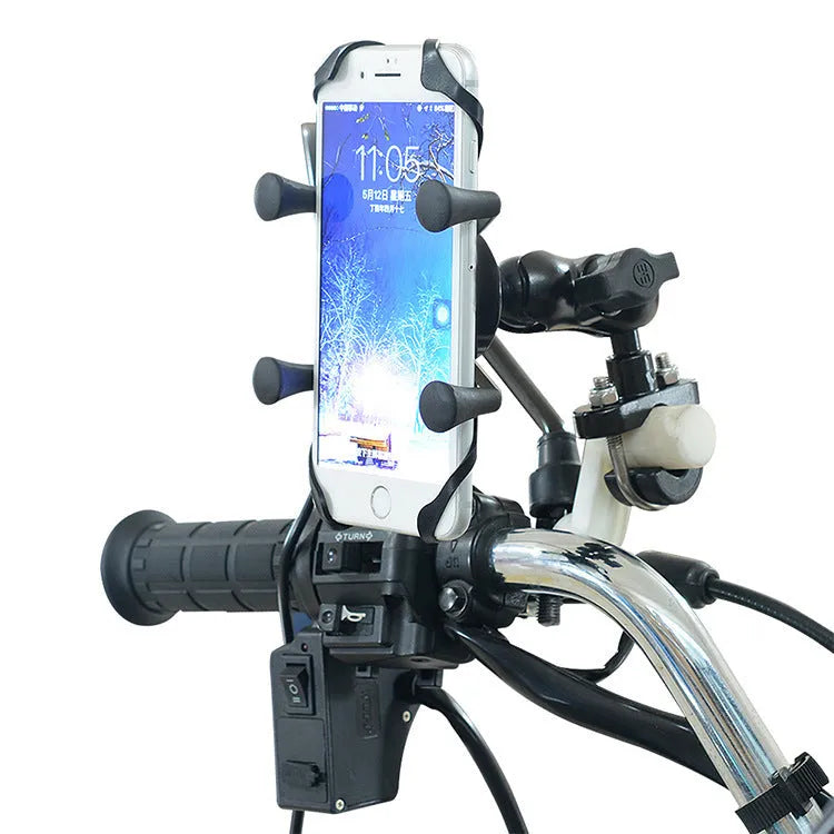 Black aluminium alloy motorcycle phone mount bracket on a bicycle handlebar.