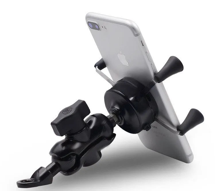 Black aluminium alloy motorcycle phone mount bracket on a bicycle handlebar.