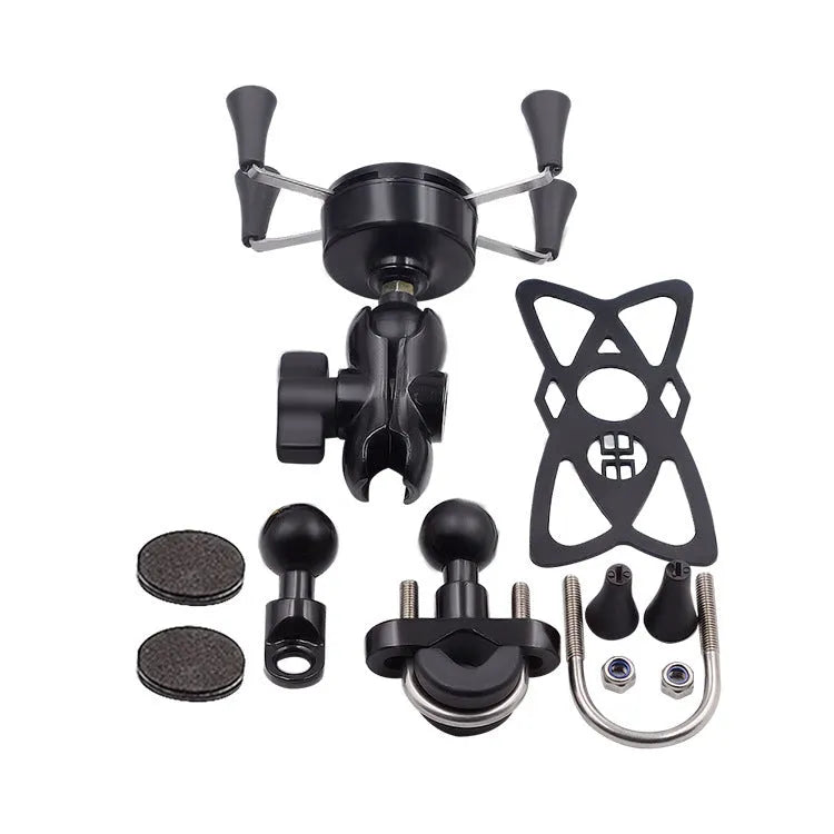 Black aluminium alloy motorcycle phone mount bracket on a bicycle handlebar.