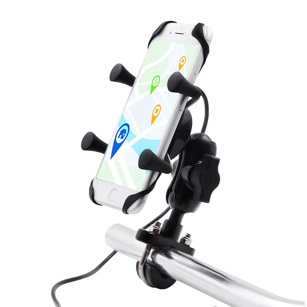 Black aluminium alloy motorcycle phone mount bracket on a bicycle handlebar.