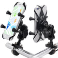 Black aluminium alloy motorcycle phone mount bracket on a bicycle handlebar.
