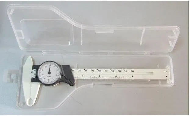 Plastic vernier caliper measuring tool with 0-150mm capacity and stainless steel components