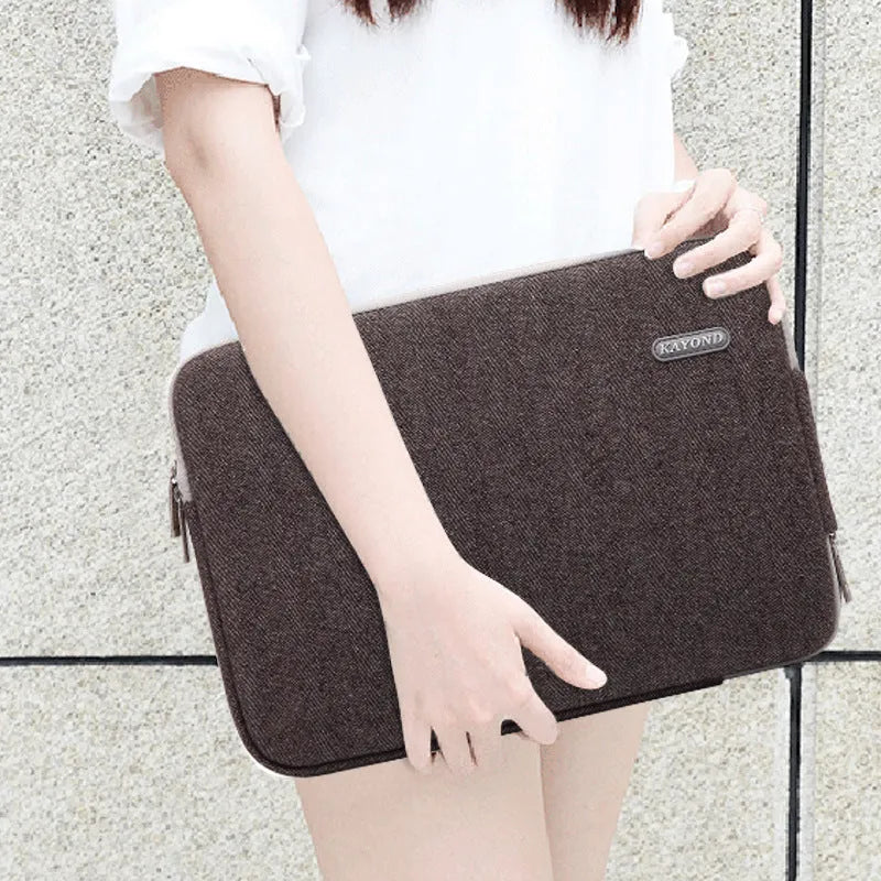 Cotton herringbone liner bag for laptop in khaki, compatible with 11-17 inch notebooks