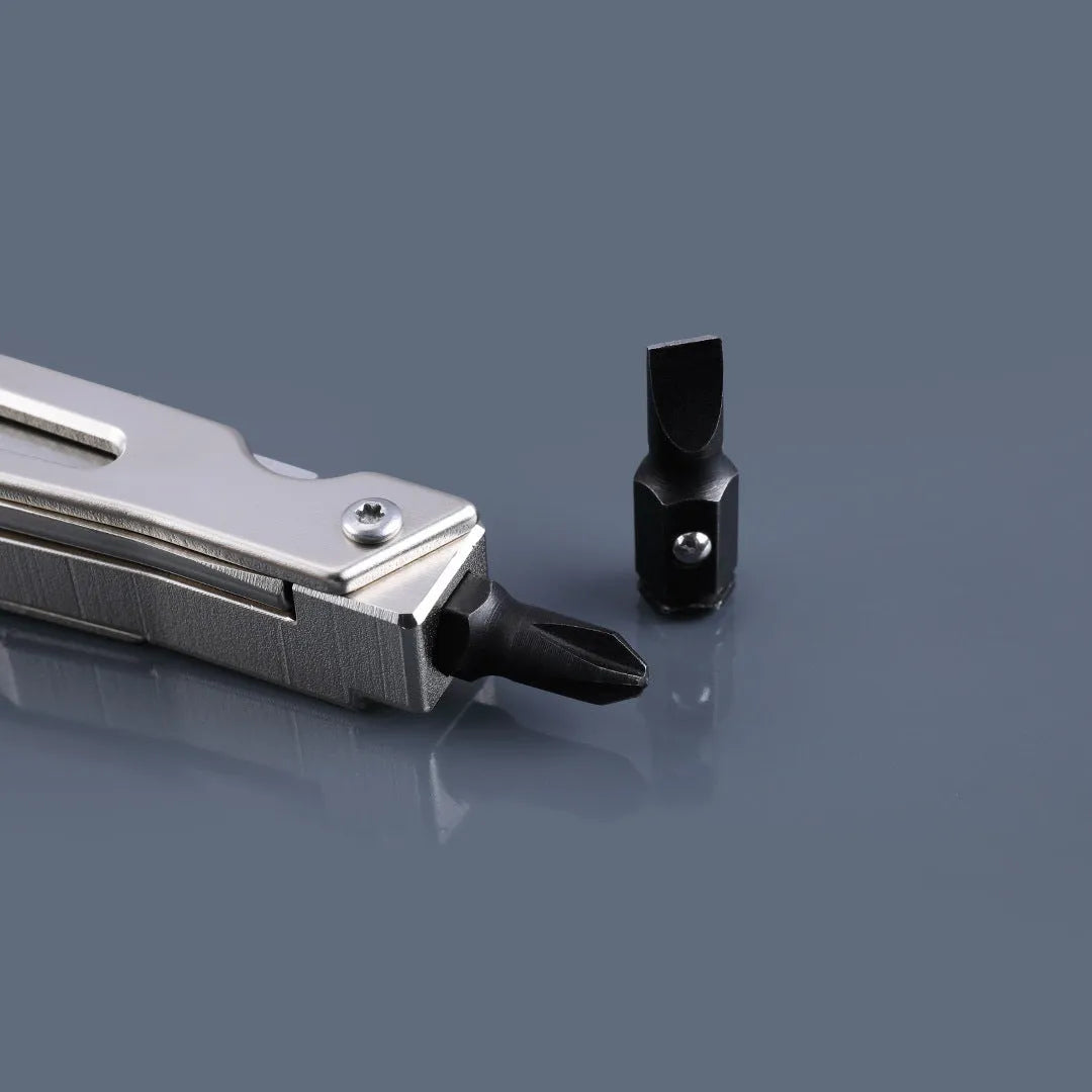 Stainless steel multi-function wrench tool with knife and pliers, shown at 13 mm length.
