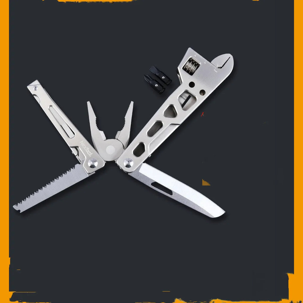 Stainless steel multi-function wrench tool with knife and pliers, shown at 13 mm length.