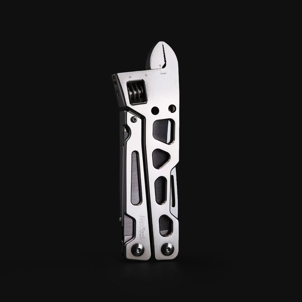 Stainless steel multi-function wrench tool with knife and pliers, shown at 13 mm length.