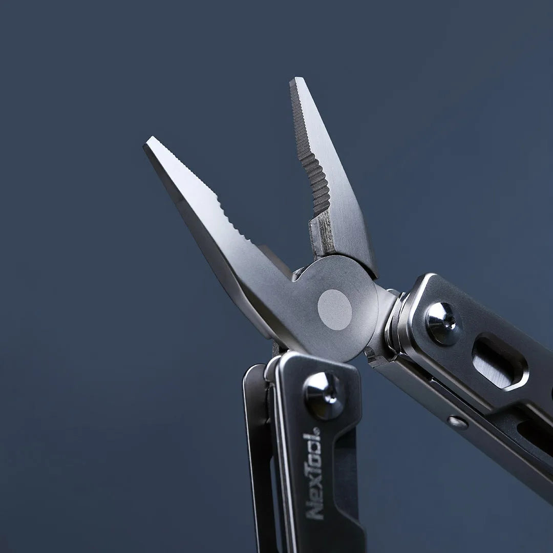 Stainless steel multi-function wrench tool with knife and pliers, shown at 13 mm length.