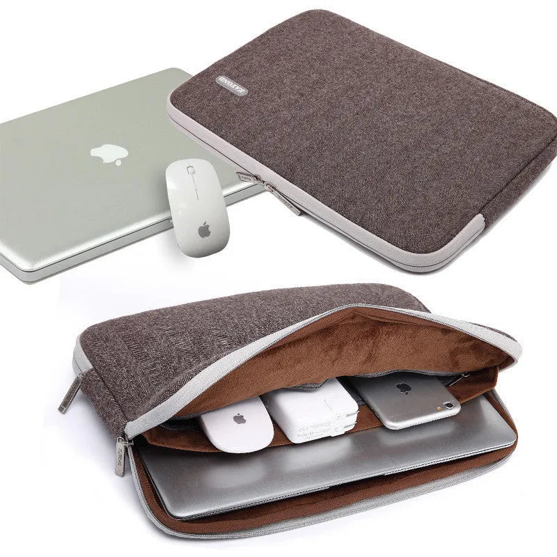 Cotton herringbone liner bag for laptop in khaki, compatible with 11-17 inch notebooks