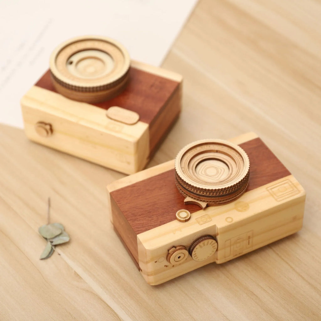 Cute camera-shaped wooden music box with rotating mechanism on pine wood base.