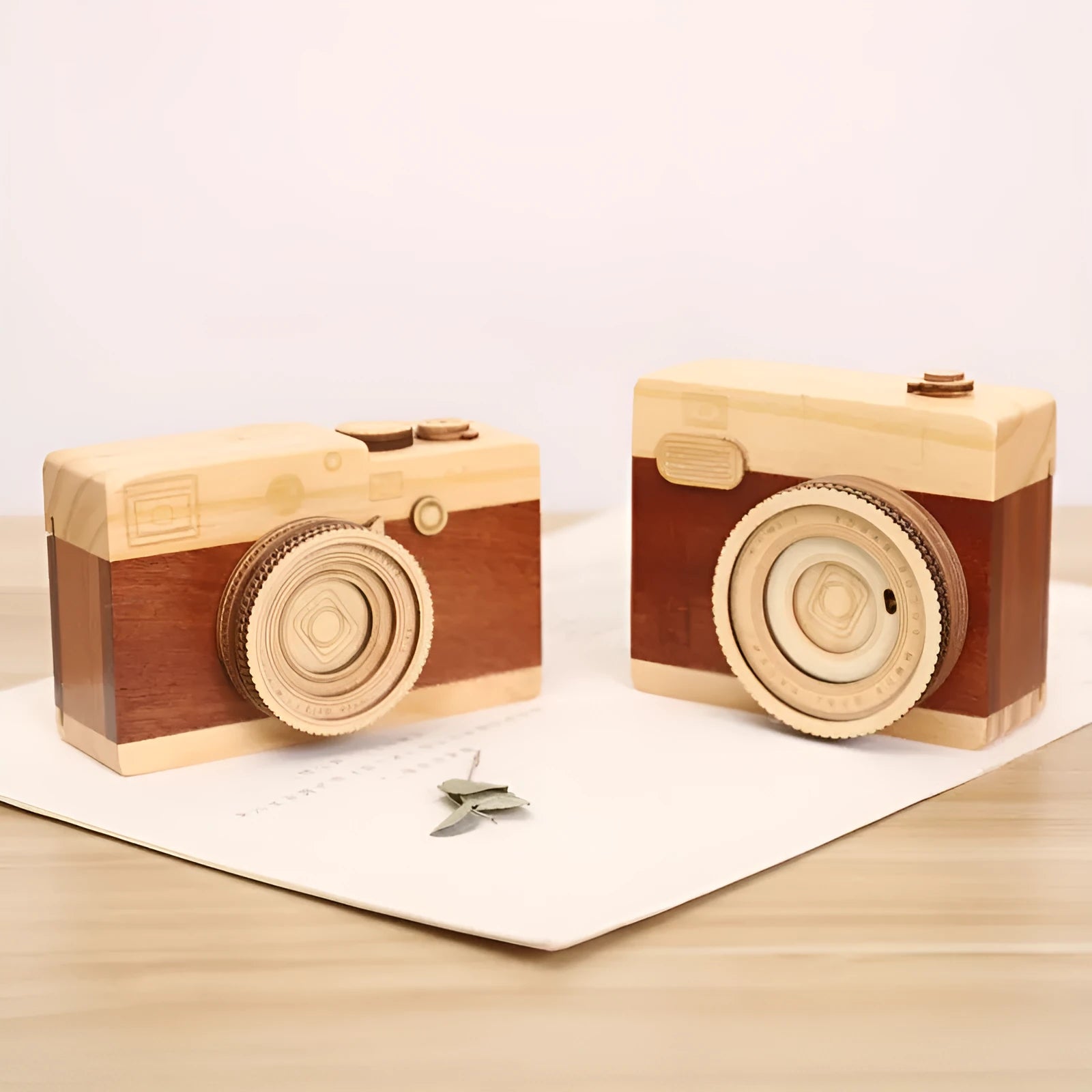 Cute camera-shaped wooden music box with rotating mechanism on pine wood base.