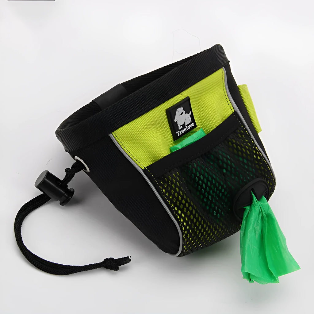 Green and orange dog training waist bags with a removable garbage bag, shown in small and medium sizes.